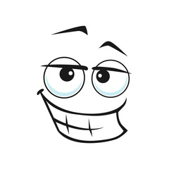 Smiling emoji with big toothy smile isolated icon. Vector grinning smiley showing teeth, happy face. Emoticon with big toothy smile, emoji with big eyes, social network speech element, chatbot avatar
