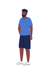 Bearded man waiting in queue semi flat color vector character. Standing figure. Full body person on white. Summertime outfit isolated modern cartoon style illustration for graphic design and animation