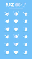 Face mask types with different protection levels white mockup. Respiratory diseases spread prevention. Medical coverings, respirators. Modern item clipart. Isolated design template on blue background