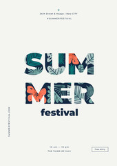 Summer festival minimalist poster design template. Tropical leaves and flowers. 