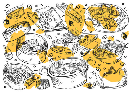 Hand Drawn Vector Line Illustration Food. Doodle Chinese Cuisine: Spring Rolls, Tom Yum Soup, Ramen, Har Gow Dumplings, Soy Sauce, Green Tea, Yue Bing, Hotpot, Noodles, Bao, Rice, Peking Duck Meat