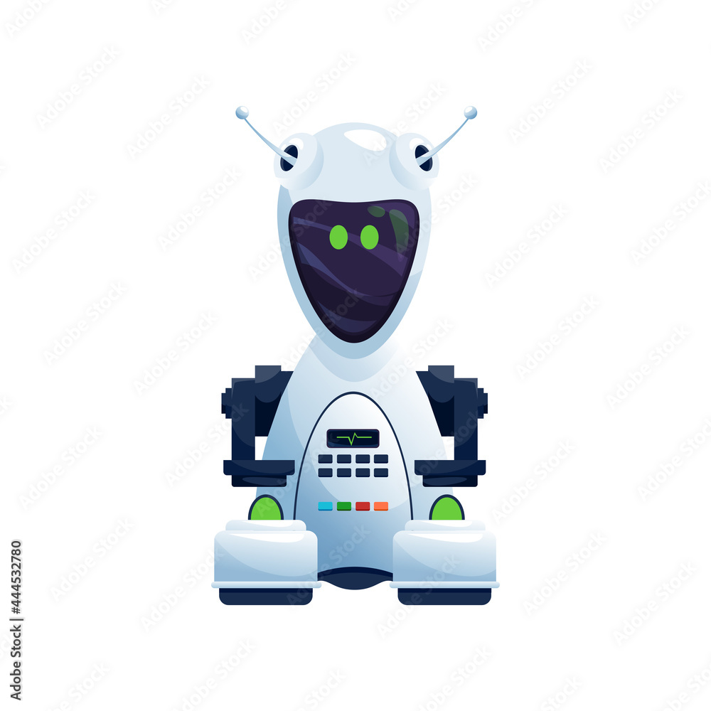 Aufkleber Robot white plastic mechanical droid with buttons on body and big display on face isolated. Vector future robotic android, space smart cyber machine, ai technology bot. Futuristic robot kids toy