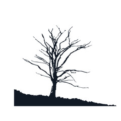A dead old dry tree silhouette on white background.