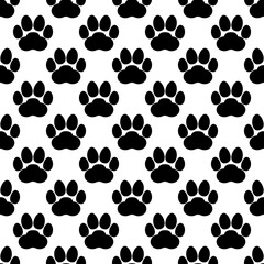 Big paw print seamless repeating pattern. Cat or dog footprints. Vector illustration and background. 