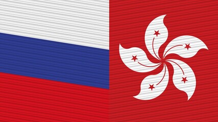 Hong Kong and Russia Flags Together Fabric Texture Illustration Background