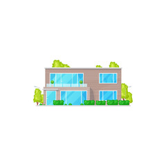 Fototapeta premium Patio facade exterior isolated chalet building, two-storied house realistic icon. Vector country villa facade, panoramic windows and green trees. Chalet country contemporary building townhouse