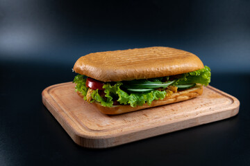 Fresh and tasty Italian panini, sandwich with chicken and vegetables, sauce, salad, mushrooms, tomato and cucumber, on wooden spacing, plate. Black background