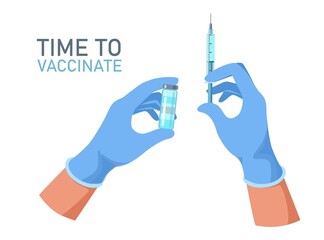 Doctor hands with medical gloves holding vaccine bottle and syringe. Covid-19 coronavirus vaccine. Vaccination shot, medicine and drug concept. Flat vector illustration. Design for banner, infographic