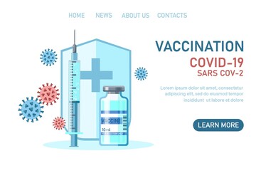 Covid-19 corona virus vaccination with vaccine bottle, shield, syringe injection tool for immunization treatment. Coronavirus vaccine background. Vector flat illustration. Design for landing page, web - obrazy, fototapety, plakaty