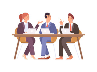 Business conference. Effective and productive teamwork. Boss and employees working at computers and talking. Vector illustration