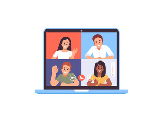 Video conference. People group on laptop screen. Video conferencing and online communication. Vector illustration
