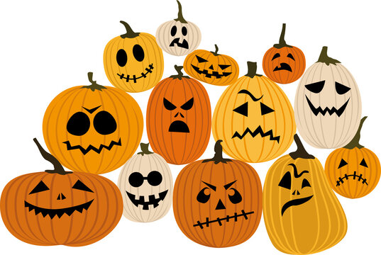 Group of assorted jack-o-lantern pumpkins with funny faces, EPS 8 vector illustration