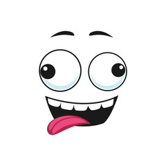 Cartoon face, stunned smile emoji vector facial expression with goggle slanting eyes and open toothy mouth with sticking tongue. Crazy character positive feelings isolated on white background