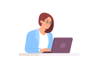 Young beautiful businesswoman working on laptop. Business woman busy working on laptop computer at office. Vector illustration