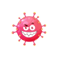 Fotobehang Cartoon virus cell vector icon, funny bacteria or germ character with angry grin face. Smiling pathogen microbe monster with big wink eyes, isolated coronavirus pink cell with sharp teeth © Vector Tradition