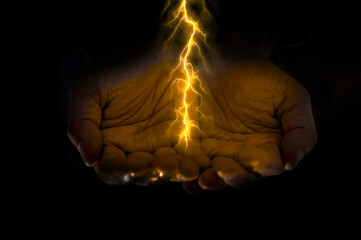open man hands with a lightning striking into