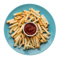 Delicious hard chucks with ketchup on white background, top view