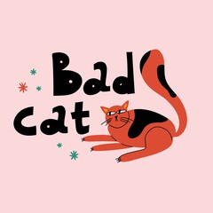 Cartoon cat. Hand drawn funny pet and lettering, red playful bad kitten, domestic animals, sticker collection. Card, t-shirt or poster design, vector isolated illustration