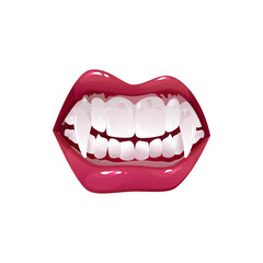 Naklejka premium Vampire mouth with fangs vector icon, creepy monster grinning jaws. Cartoon open female red lips with long sharp teeth isolated on white background