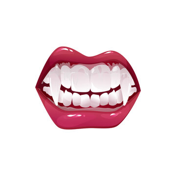 Vampire mouth with fangs vector icon, creepy monster grinning jaws. Cartoon open female red lips with long sharp teeth isolated on white background