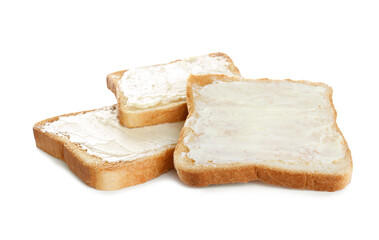 Fototapeta na wymiar Delicious toasts with butter on white background