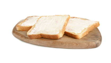 Delicious toasts with butter on white background