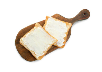 Delicious toasts with butter on white background, top view