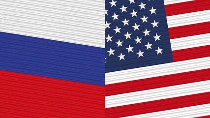 United States of America and Russia Flags Together Fabric Texture Illustration Background