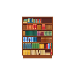 Bookcase vector icon, cartoon library shelf with books, wooden storage with colorful textbooks, literature bookstore isolated on white background. Science, education sign