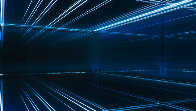 Futuristic light tunnel. Long Spaceship corridor interior view. Future sci-fi background concept. 3D rendering.