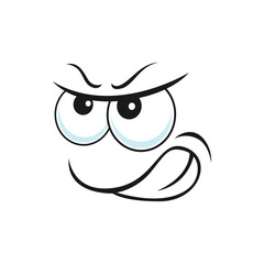 Distrusted mood face expression isolated distrustful emoji with big eyes curved mouth isolated. Vector questioned smile, suspicious emoticon, questionable angry uncertain smiley, doubtful face