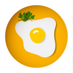 Egg (fried egg) broken cooked for breakfast with parsley in a paper style with shadows and volume.