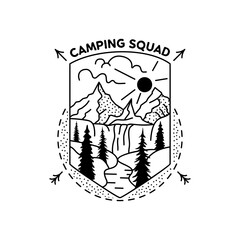 Camping squad badge design. Outdoor adventure crest logo with mountains scene. Travel silhouette label isolated. Sacred geometry. Stock tattoo graphics emblem
