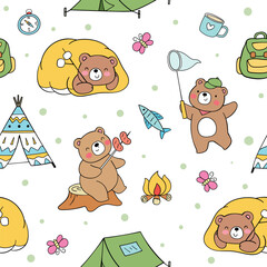 Draw seamless pattern bear camping Summer camp