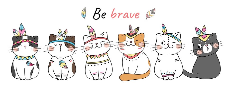 Draw cute tribal cat Be brave Doodle cartoon style