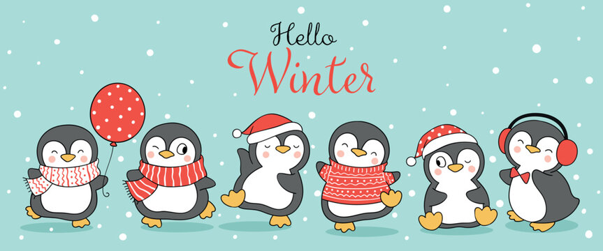 Draw banner happy penguin in snow for christmas and winter