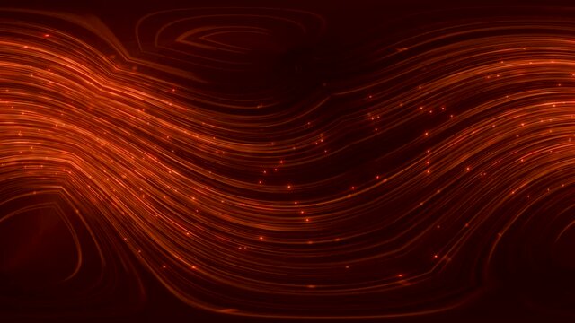 Luminous particles move along lines. Virtual space. Futuristic red background
