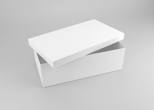Blank shoe box mockup. shoe box 3d rendering model.shoe box mockup isolated on soft color background. 3d shoe box model ready for your design
