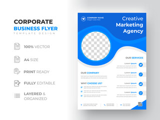 Corporate business flyer template design with blue color. marketing, business proposal, promotion, advertise, publication, cover page. digital marketing agency flyer design. new business flyer design