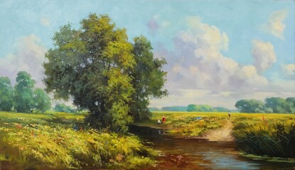 landscape with river and trees - obrazy, fototapety, plakaty