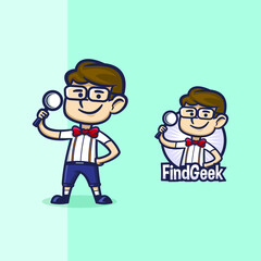 Geek man with tie bow holding a luv mascot logo for geek finder business
