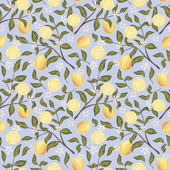Beautiful seamless pattern with lemon, flowers and branch. Colorful hand drawn vector illustration. Texture for print, fabric, textile, wallpaper.