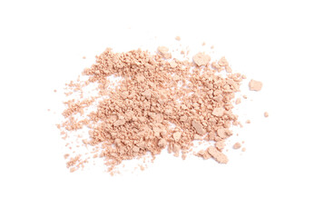 Pile of crushed face powder on white background, top view