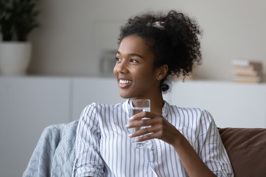 Smiling Dreamy African American Woman Holding Glass Of Fresh Pure Mineral Water, Sitting On Couch, Excited Beautiful Young Female Starting New Day, Healthy Lifestyle Habit, Body And Skin Care Concept