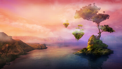 Mountain lake and trees on the flying islands, 3D render.