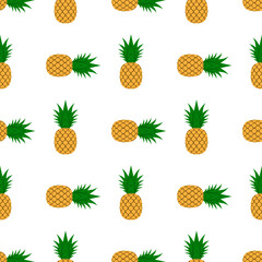 Fototapeta premium Pineapple, leaf seamless pattern. Tropical fruits textile texture isolated white background. Food print, fabric wrapping decorative backdrop. Nature concept. Repeat design element. Vector illustration