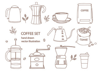 Hand drawn vector coffee set. Sketch coffee maker, french press, cup, tea, grinder, kettle, moka pot.  Cafe menu design, shop. Doodle coffee to go icon, coffee house logo. Cartoon Illustration