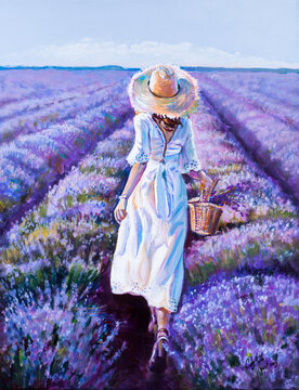 Woman in white dress standing in lavender field art painting original hand made oil on canvas