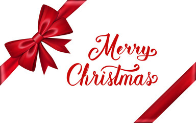 Merry Christmas background. Red elegant calligraphic lettering isolated on white. Bright text realistic 3D ribbon bow top view. Decoration for Christmas and Happy New Year holiday Vector illustration