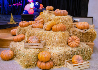Halloween pumpkins laying on the hay